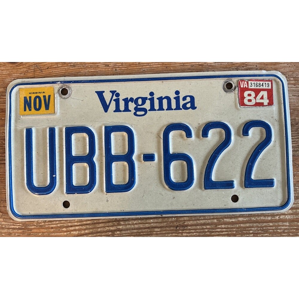 Virginia License Plate Embossed Blue on White UBB-622 1980s 80s Blue Outline